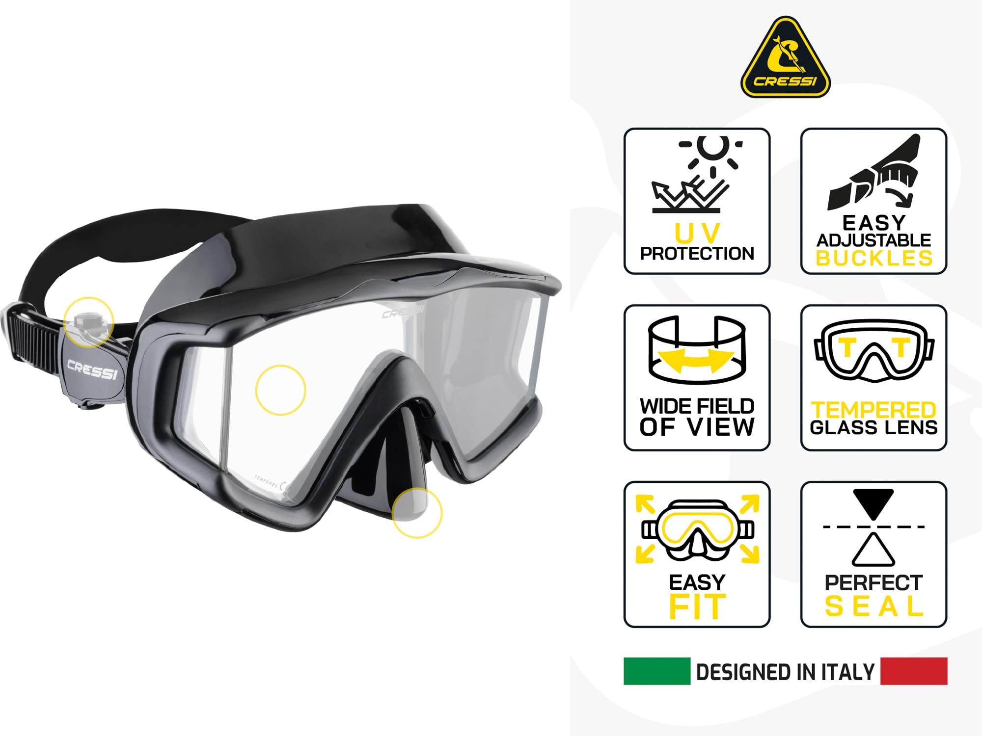 Cressi Liberty Triside Mask -Máscara Panoramic de 3 Cristales para Buceo, Apnea y Snorkel, Talla Única, Unisex Adulto