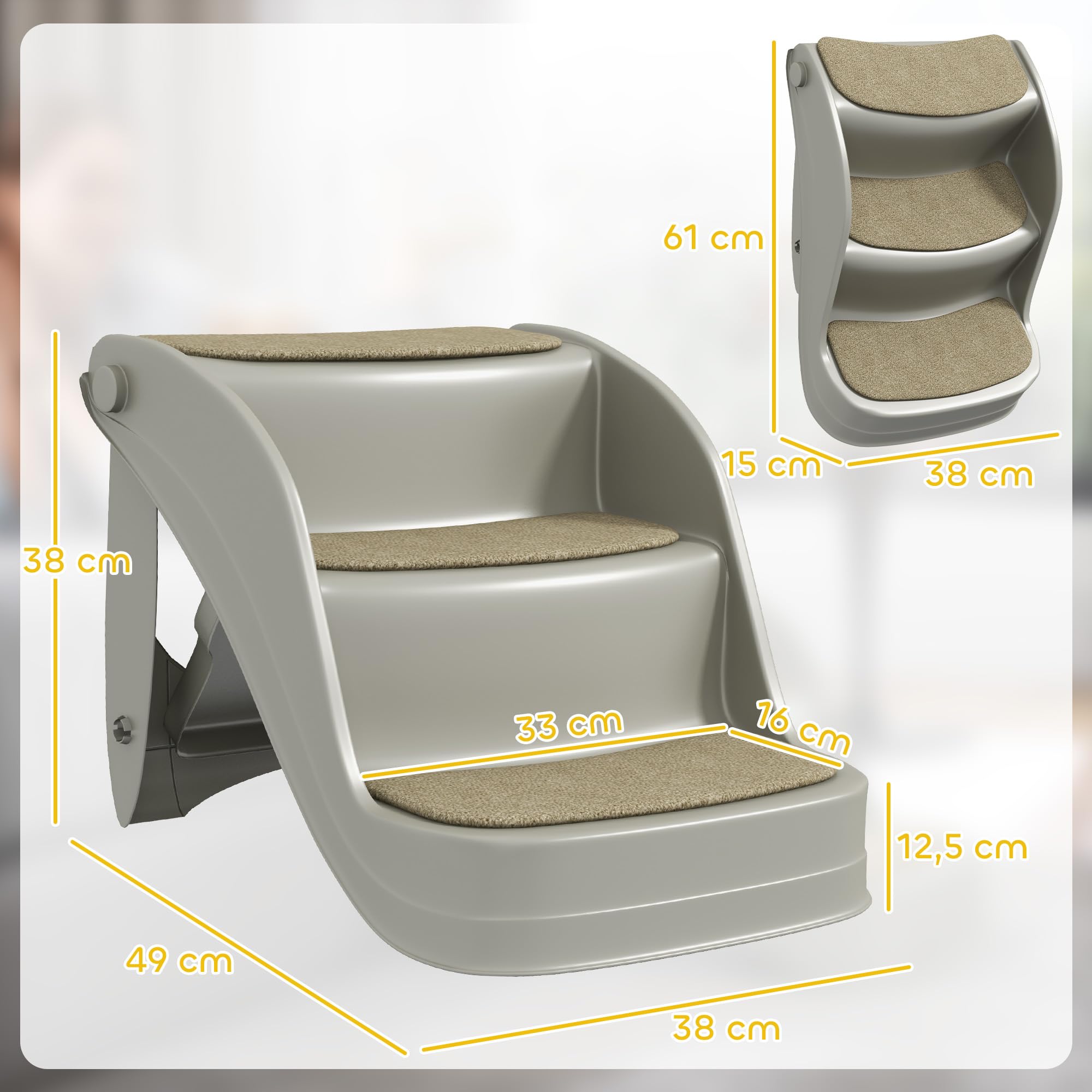 PawHut Escalera para Perros Pequeños Plegable de 3 Peldaños, Escalones para Mascotas con Alfombras Antideslizantes, Rampa para Perros para Cama, Sofá, Gris