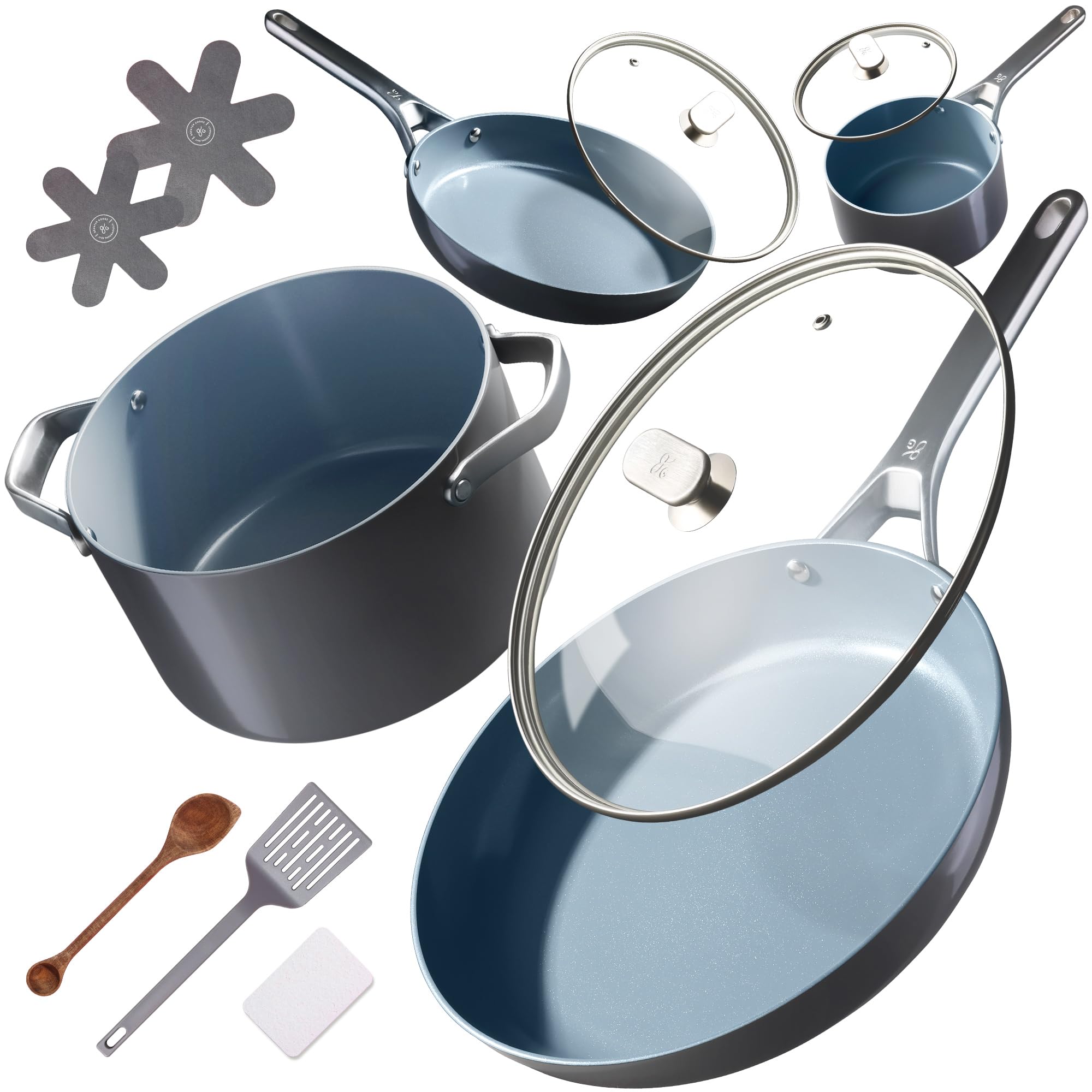Premium Non-Toxic Ceramic Cookware Set – Triple-Layer Nonstick 12 Piece Pots and Pans with Lids, PFAS-Free, Oven Safe for Healthy Meals, Space-Saving Design, Midnight Gray Color | Greater Goods