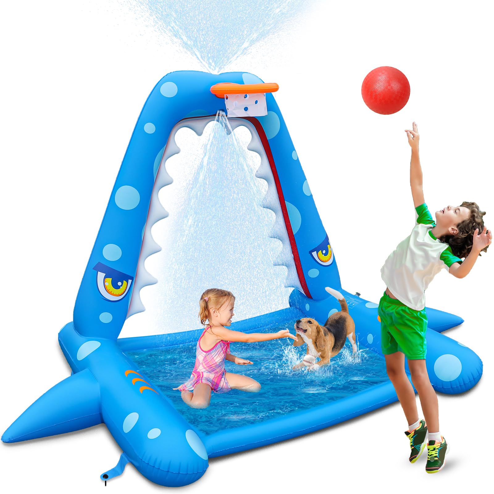 JOSEN Sprinkler for Kids Outdoor Play, Giant Inflatable Shark Water Toys Splash Pad with Basketball Hoop, Fun Sprinkler Summer Outdoor Game for 3-8 Years Old Children Boys Girls Gift