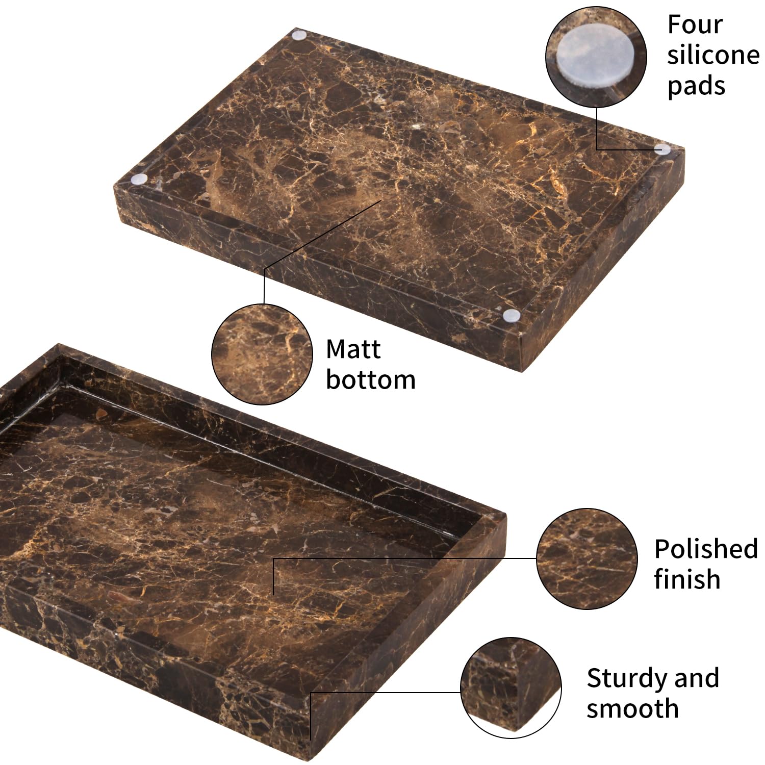 Vassoio da bagno in marmo naturale, di lusso, per casa, cucina, bagno, tavolo, vassoio decorativo in pietra, per chiavi, caffè, profumi, gioielli, trucco (marrone scuro, 30,5 x 20,3 x 3 cm)