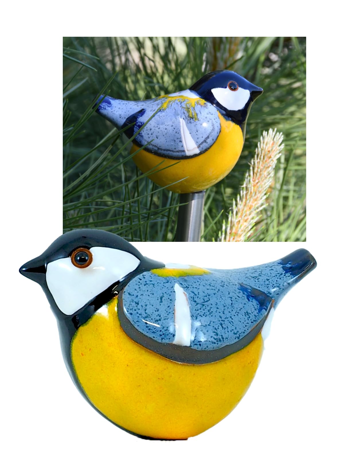Gartenstecker Keramik Handgefertigt - Gartendeko für Draußen Wetterfest - Garten Deko Keramik - Vogel Gartenfiguren & Gartenstatuen - Blaumeise/Meise