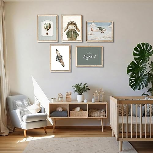 Miniatura 3 de ONEOLTN Lienzo vintage con diseño de conejito piloto y cuarto de bebé, imágenes temáticas de aventura, habitación de bebé, póster verde salvia,