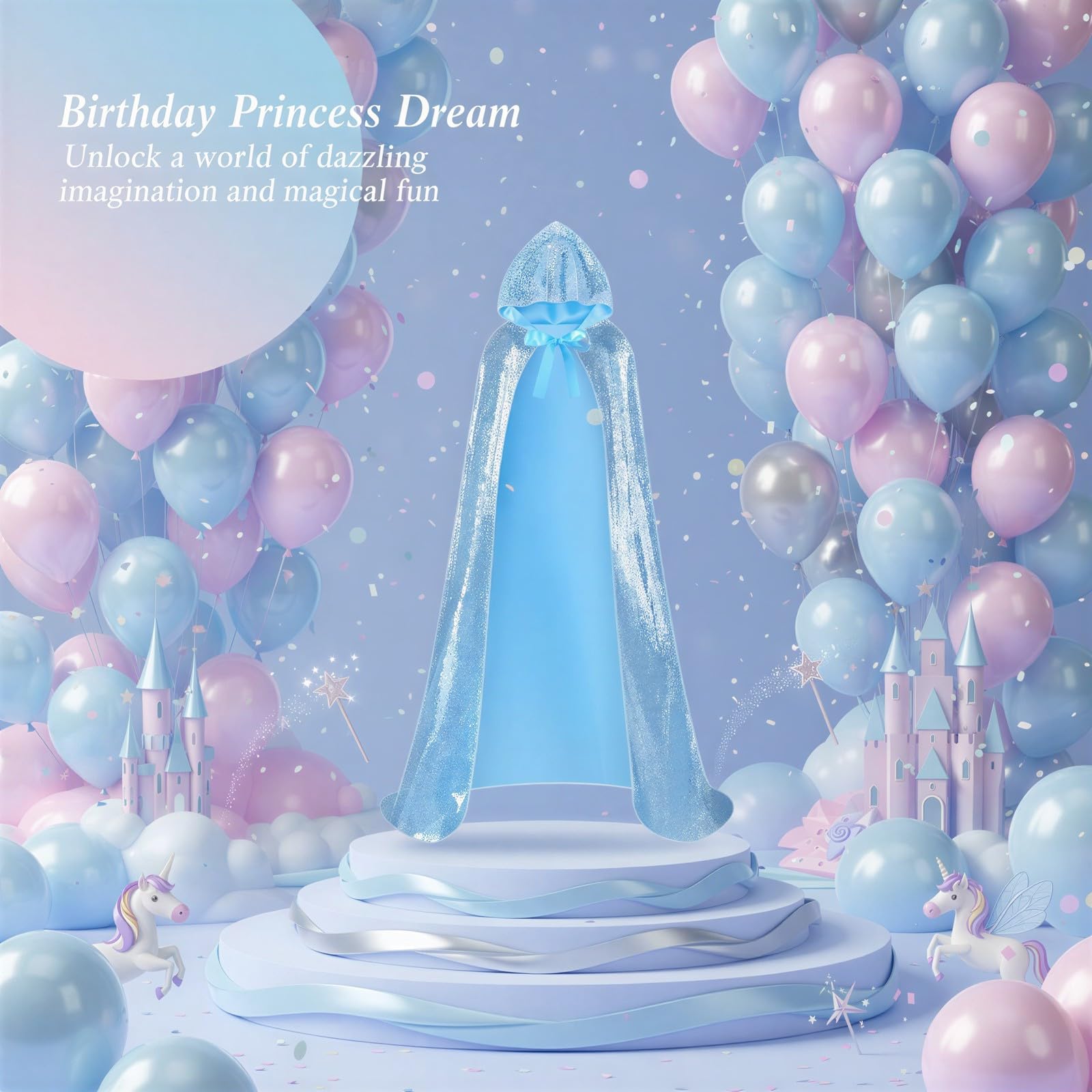 Cape à Paillettes réversibles Bleu Clair, Cape Cosplay Brillante à Double Couche, Longueur 1,5 m, avec Capuche, pour déguisement de Princesse Halloween, tombé Fluide et Effet féerique
