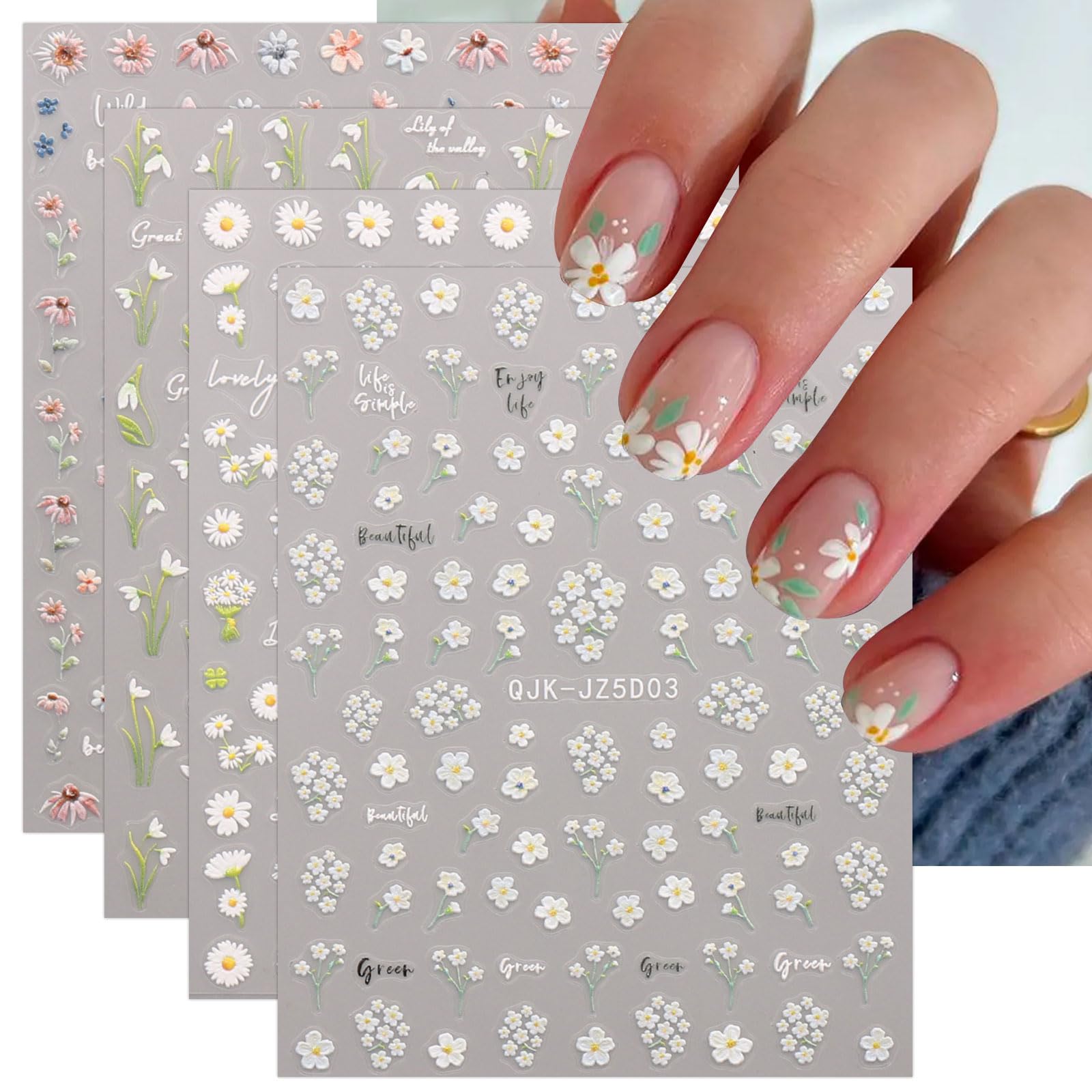 SHUBEIEUMI 3D Nagelsticker, 5 Blätter Selbstklebende Frühlingsblumen Für DIY Nageldesign – Bunte Nagel-Deko