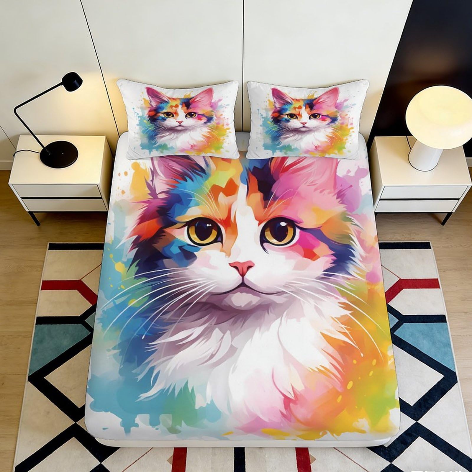 3D Printed Colorful Cat Fitted Sheet Microfiber Soft Non-Slip Rainbow Kitten Mattress Cover Washable Bedroom Decor 120x200x25cm