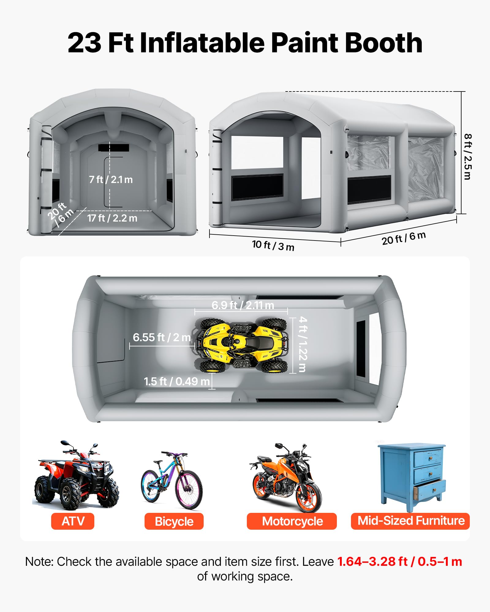 VEVOR Nadmuchiwana kabina lakiernicza 6 x 3 x 2,5 m przenośny namiot natryskowy z 2 dmuchawy 550 W i 750 W system wentylacji worek do przechowywania, farby do mebli ATVs motocykli, kolor szary