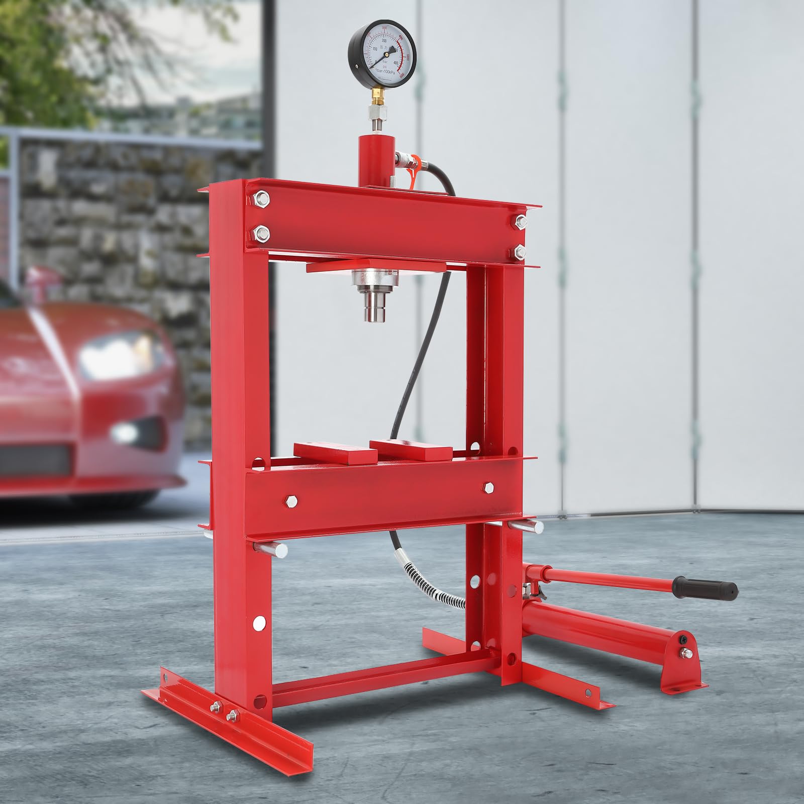 10-Ton Hydraulic Shop Press with Pressure Gauge & Press Plates, H-Frame Garage Shop Benchtop Press, Adjustable Working Table Height, Red