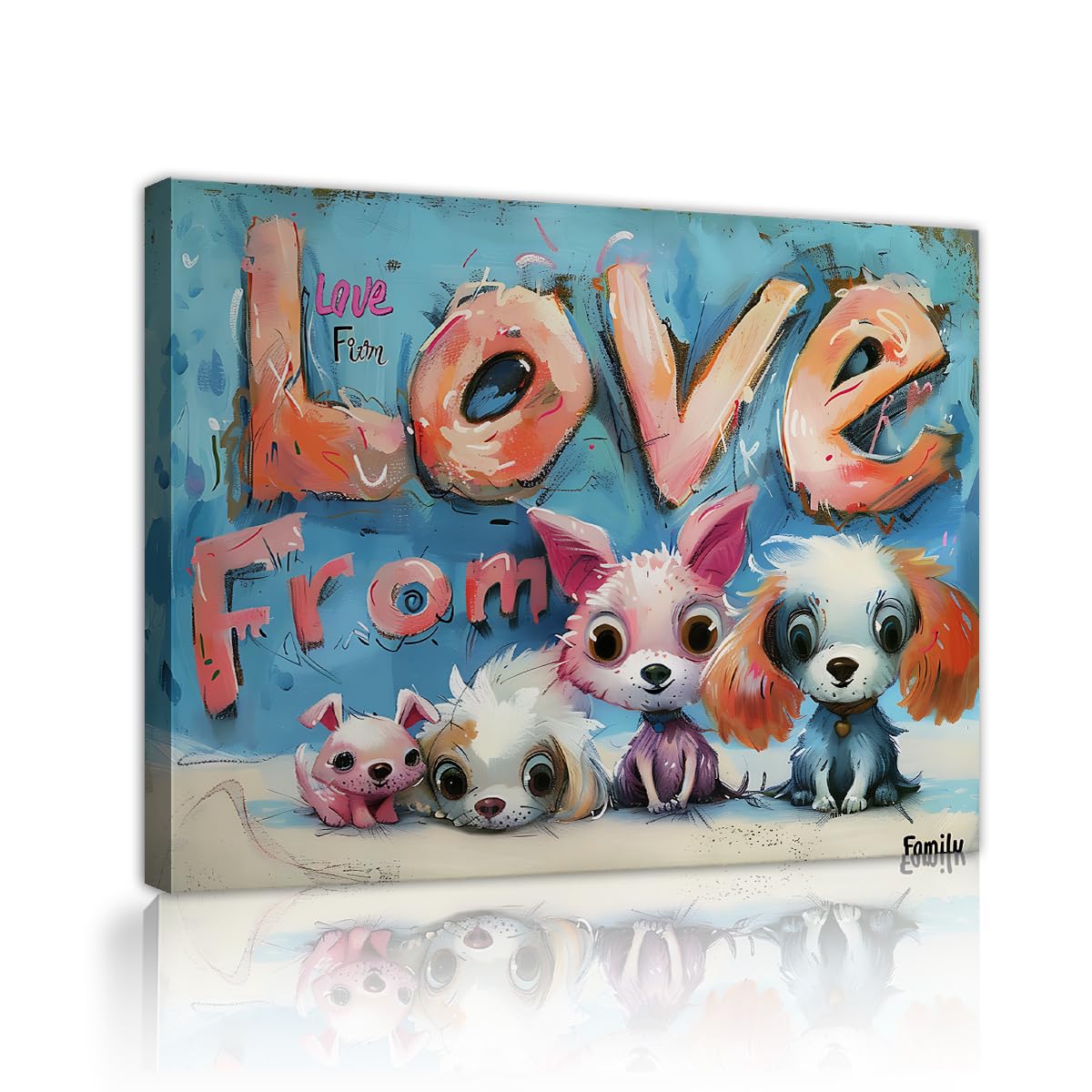 YUNART Graffiti Dog Canvas Wall Art Love from Family Pop Art Picture Bright Blue Abstract Puppy Animals Painting Print for Living Room 75x95cm Innerframe