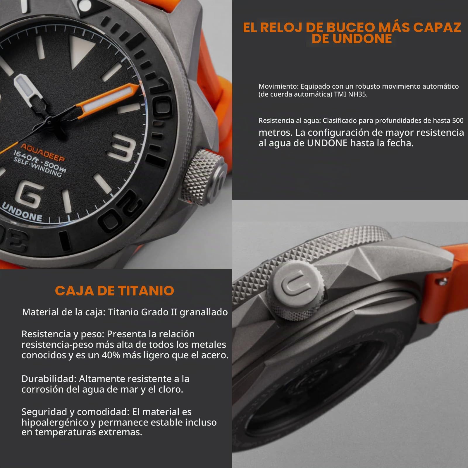 Undone Aquadeep - Reloj de Pulsera automático para Hombre, 43 mm, 500 m, Resistente al Agua, Correa de Goma, Titanio, 43mm, Reloj de Buceo