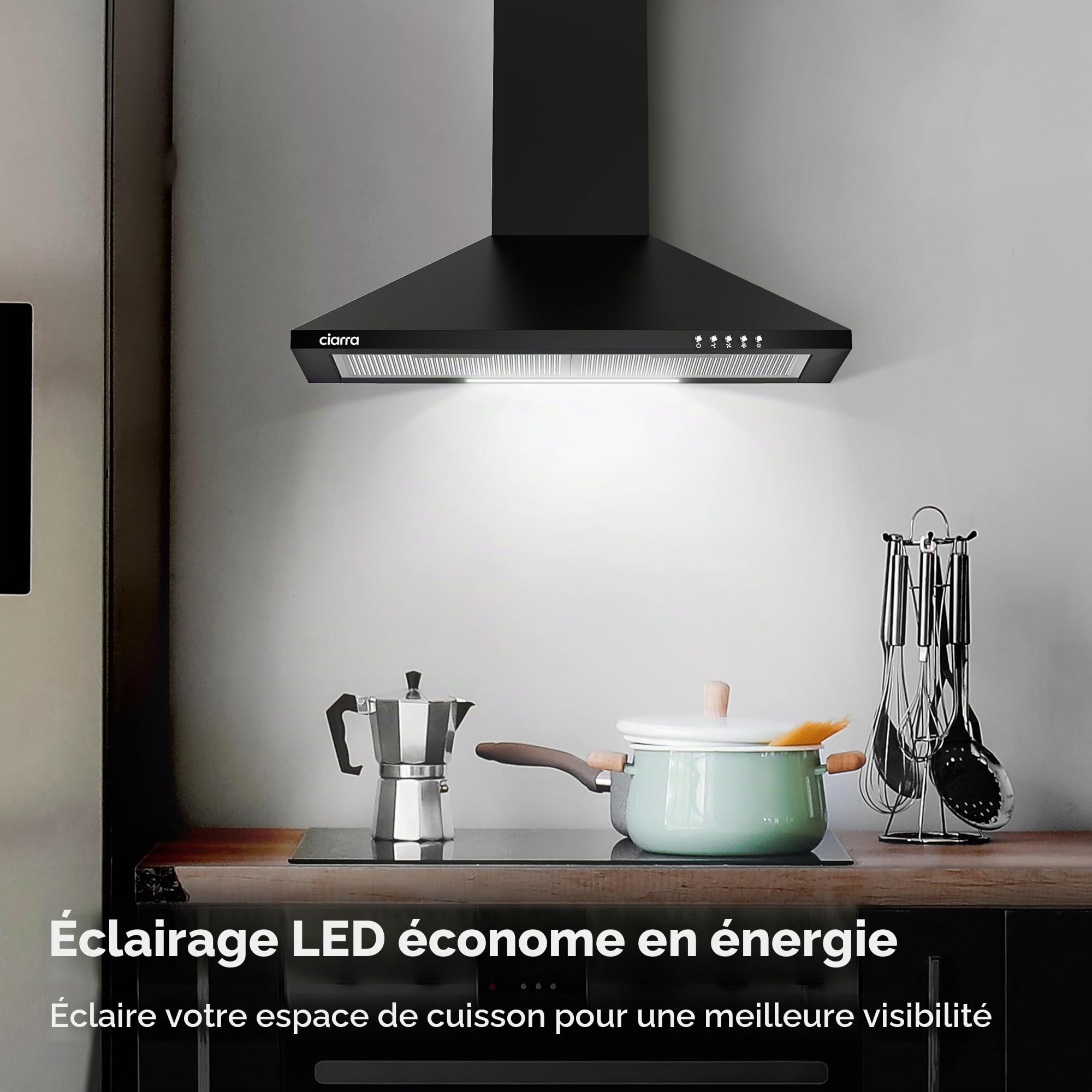 CIARRA CBCB6201 Hotte Aspirante 60cm 370m³/h Classe A++ Évacuation Recyclage Filtres Charbon Inclus 3 Vitesses Murale Noir