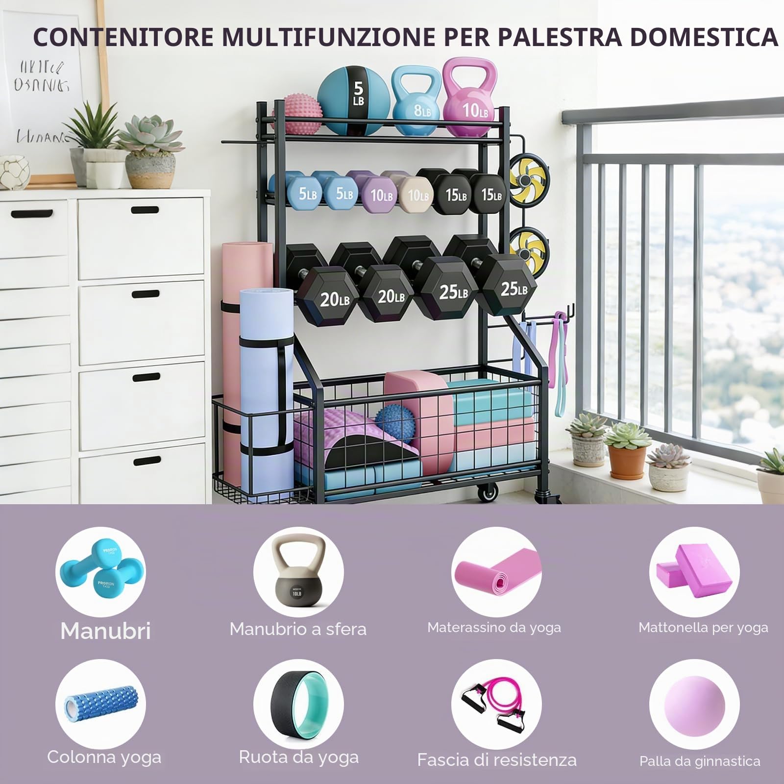 Rastrelliera Per Manubri Regolabile A 4 Livelli Con Ruote E Ganci,Porta Manubri Attrezzatura Palestra,Supporto Multifunzionale Per Tappetini Da Yoga,Manubri,Rulli In Schiuma, Fasce Elastiche,60×40cm