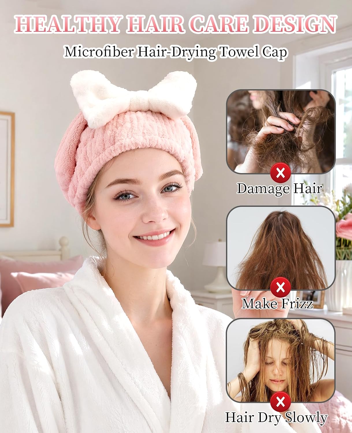 3 Pack Microfiber Hair Towel Drying Cap, Super Absorbent Fast Drying Hair Turban with Bow for Women