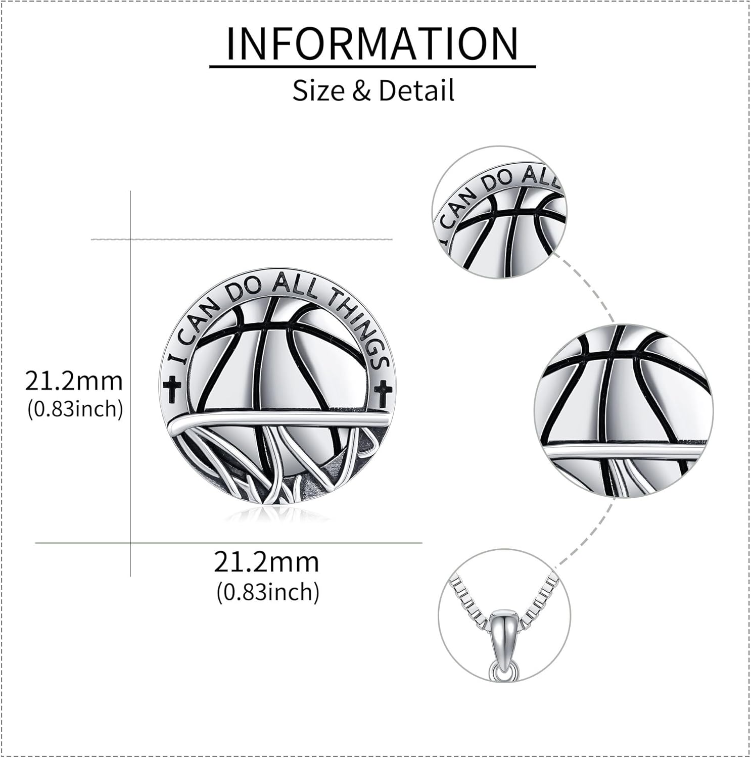 YAFEINI Men's Basketball Sport Necklace, 925 Sterling Silver, Never Give Up Pendant, Unisex, Minimalist, Silver, 20 inches Box Chain