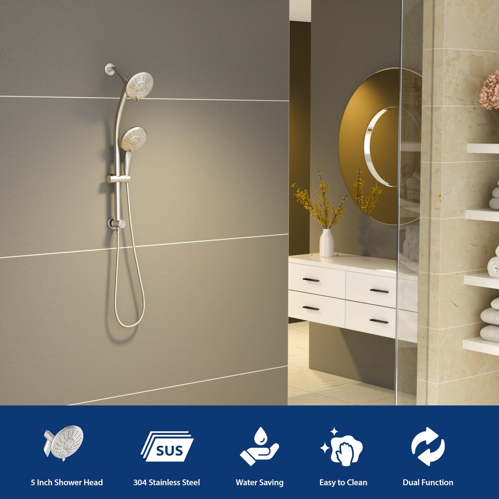 Sarlai Shower Riser Kit,High Pressure 5 Spray Jet Modes Shower Head,5 inch Hower Head and Hose 2-Way Diverter,Suitable for Bathrooms,Brushed Nickel - Image 3