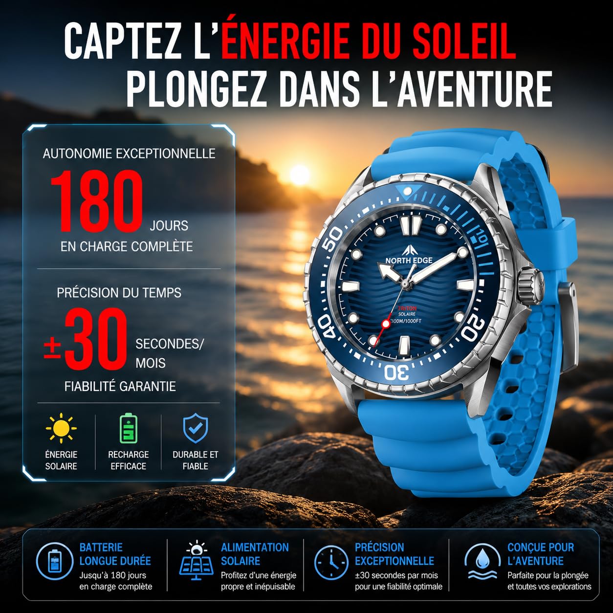 NORTH EDGE Montre de plongée à énergie solaire pour homme et femme - Étanche jusqu'à 300 m - Cadran lumineux - Bracelet en silicone