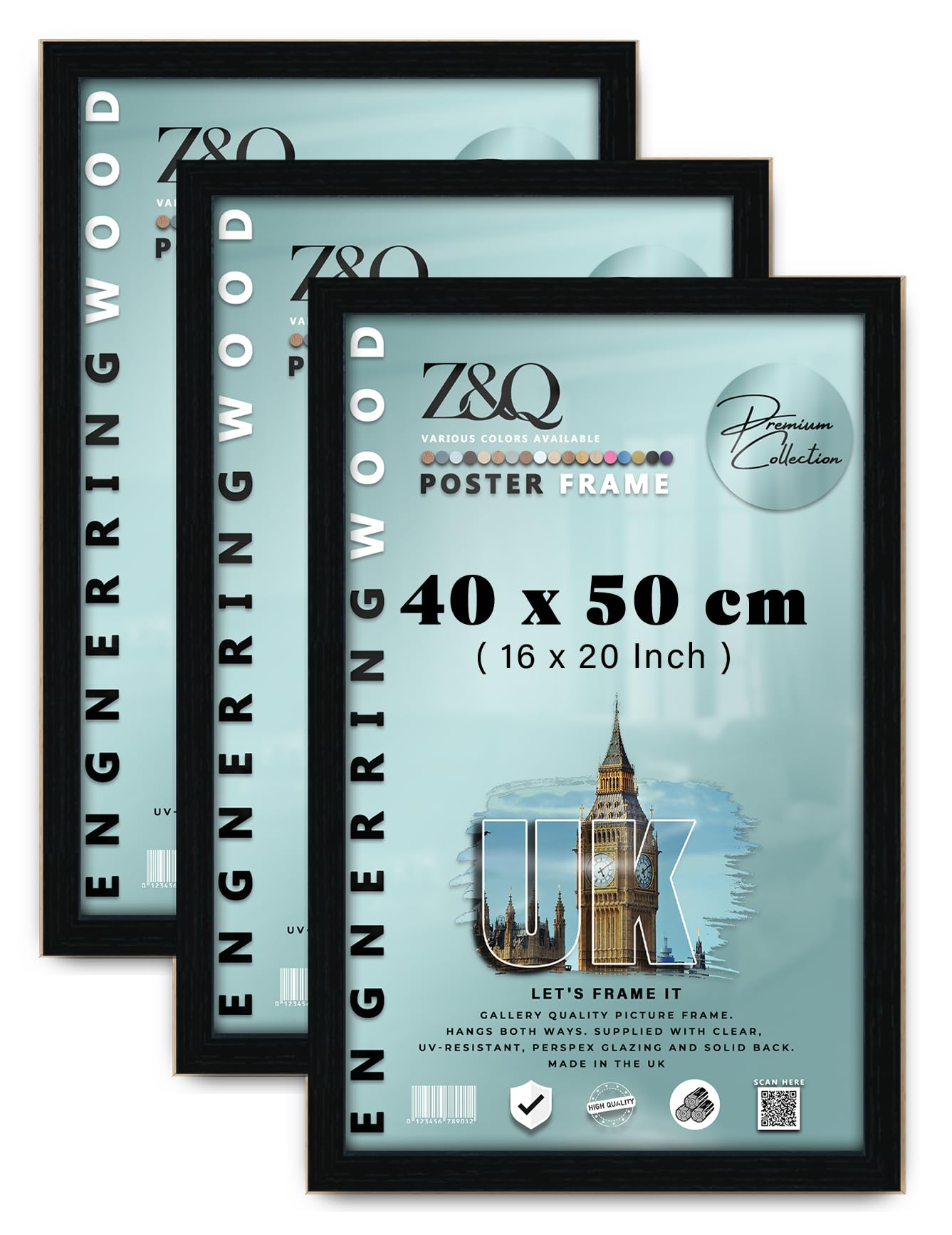 Z&Q pack of 3 Gallery-Style MDF Poster Frame (40 x 50 CM) Wooden Texture, Artistic Décor 20 x 16 Inch Professional Wall Hanging, 400 x 500 mm [ Black ]