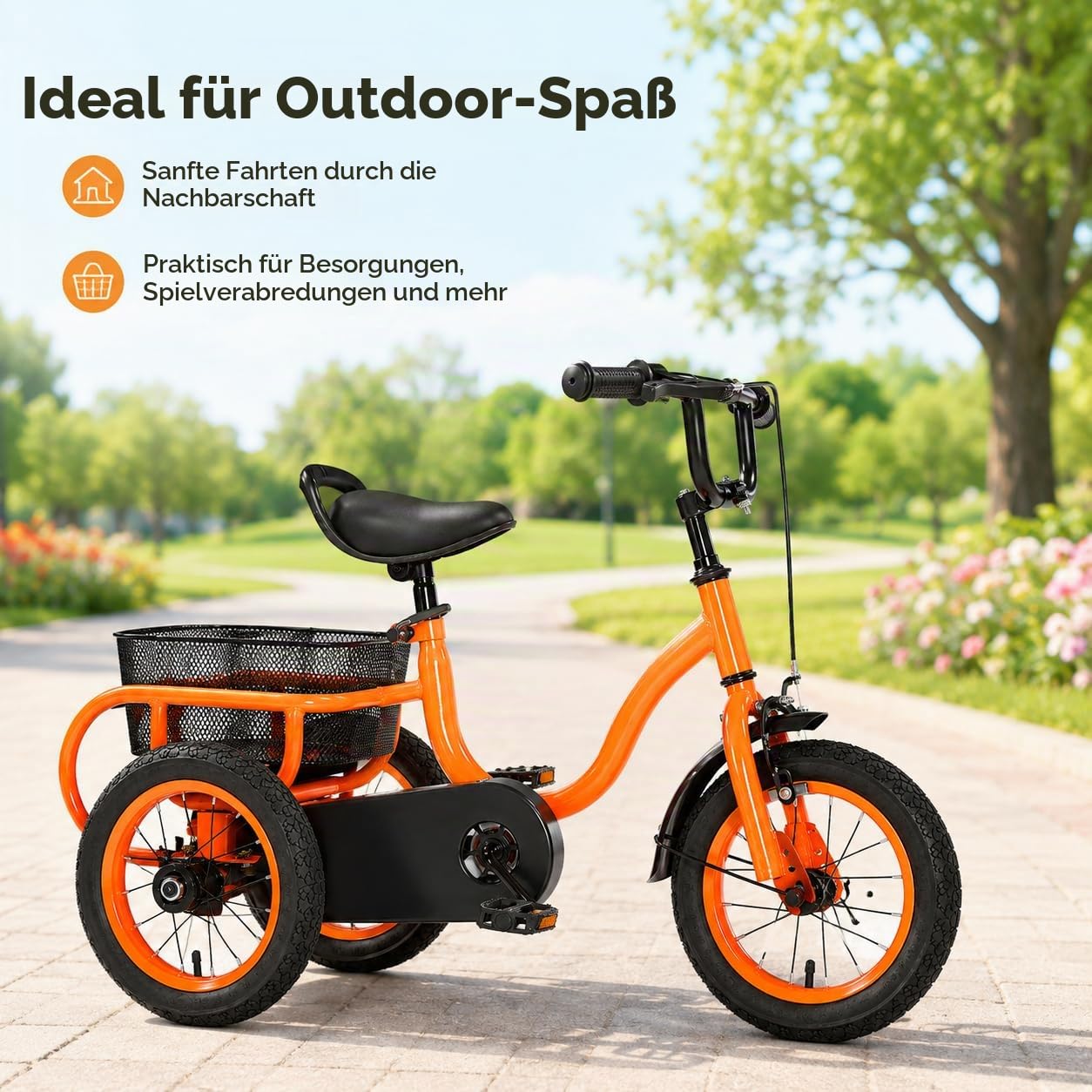 Kinderdreirad in 12 Zoll, Kinderfahrrad mit Eingang-Getriebe, Dreirad belastbar bis 25 kg, Kinderroller mit rutschfesten Pedalen, stabiles Dreiradgestell, für Kinder, Kleinkinder (orange)
