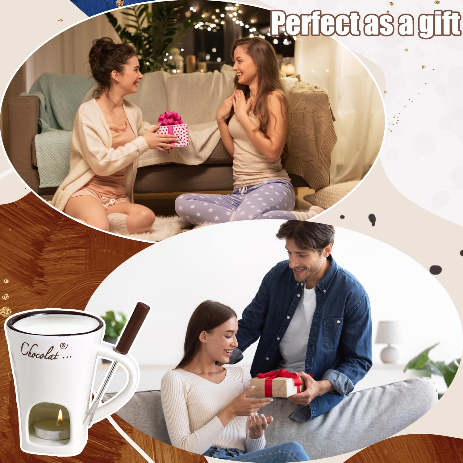 Taza de Fusión de Chocolate, 130 ML Juego de Fondue de Chocolate, Taza de Cerámica para Derretir Chocolate con Tenedores y Vela de Té, Taza de Fusión de Queso, Tazas de Fondue de Chocolate para Queso
