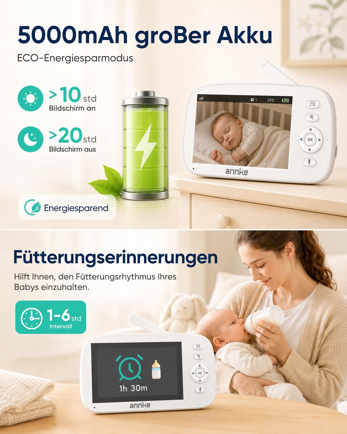 CV50 Babyphone mit Kamera ohne WLAN, App oder Cloud, 5 Zoll HD Display, 360° PTZ Kamera, 5000mAh Akku, 940nm Nachtsicht, Zwei-Wege-Audio, VOX Modus, Sichere FHSS Verbindung