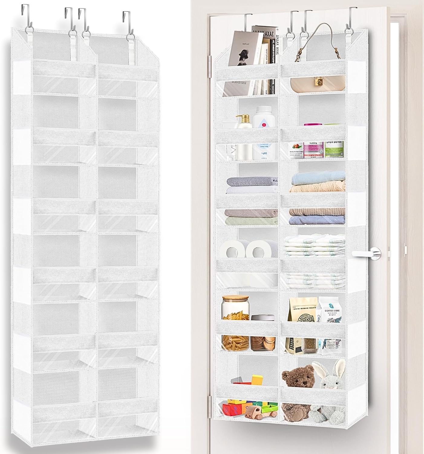 Over The Door Organizer 6 Tiers, Extra Large Behind Door Storage of 12 Compartments, 80 lbs Weight Capacity Hanging Storage Organizer with Clear Window Kids Toys, Shoes,Diapers, Room Storage, White
