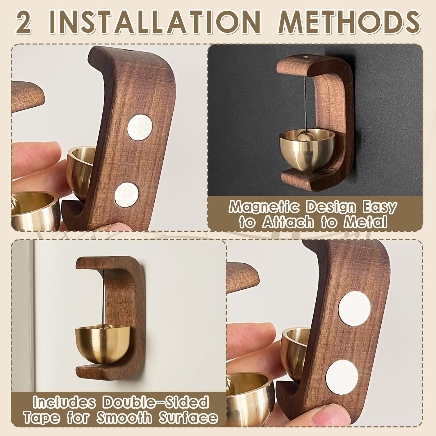 Magnetic Door Chime Bell Vintage Wooden Wind Chime Doorbell with Brass Bell Easy Magnetic Mount and Hanging Decoration for Home Refrigerator Shop Housewarming Gift (2PCS)