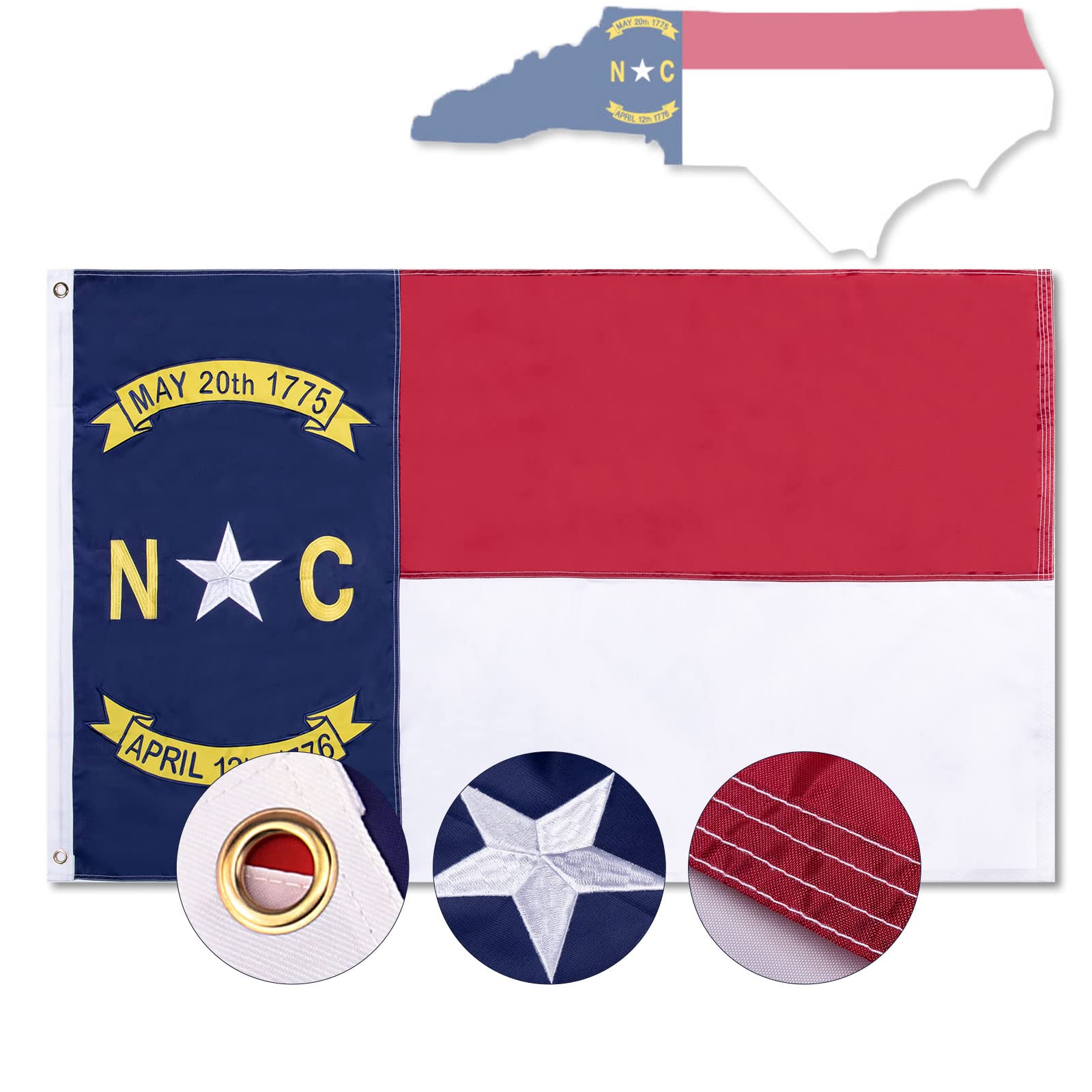 North Carolina Flag 3x5ft, NC State The Old North State, Heavy Duty Embroidered Stars Outdoor Indoor All Weather 210D Nylon Burgee With Strong Canvas Header/Brass Grommets