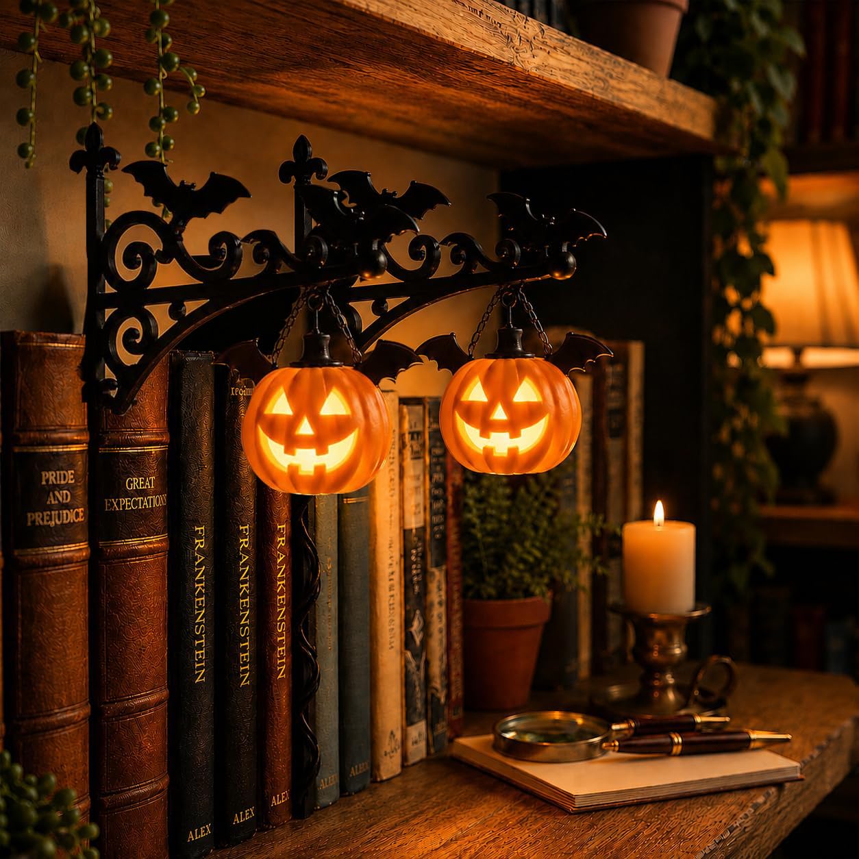 Bookshelf Lantern, Mini Halloween Library Lantern with Warm LED Nightlight, Vintage Decorative Bookshelf Lighting for Reading Corner Home Halloween Decoration, Gift for Book Lovers (Pumpkin*2)