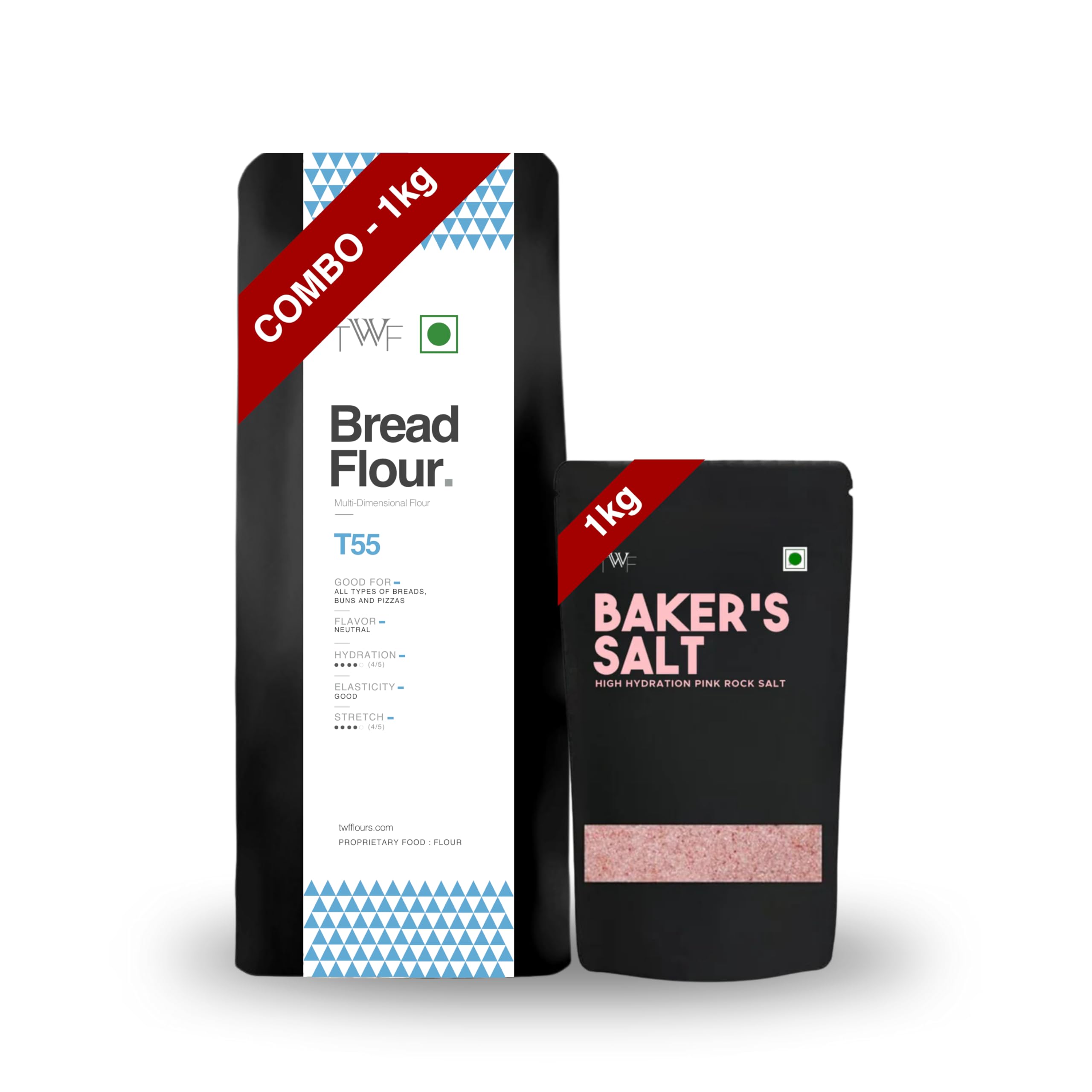 TWF Bread Flour T55 (1kg T55 + 1kg Baker's Salt) - Premium Unbleached All Purpose Flour for Breads, Buns & Pizzas | Ideal for Home Baking | Bake Perfect Breads Everytime