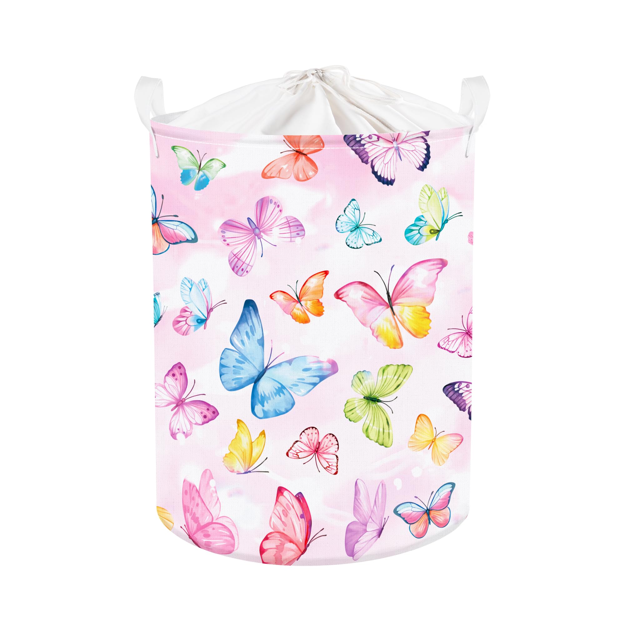 Clastyle 45L Pink Butterfly Kid Laundry Hamper for Girl Collapsible Clothes Toy Storage Basket with Lid for Bedroom Bathroom Nursery