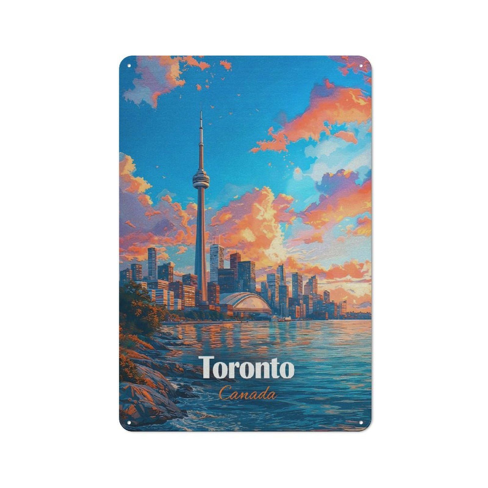 Junmoney Style-18 Creative Toronto Cityscape At Sunset(2) Metal Desk Wall Sign 30X20cm, Study Room Decor For Home Office, Reading Corner Or Bedroom