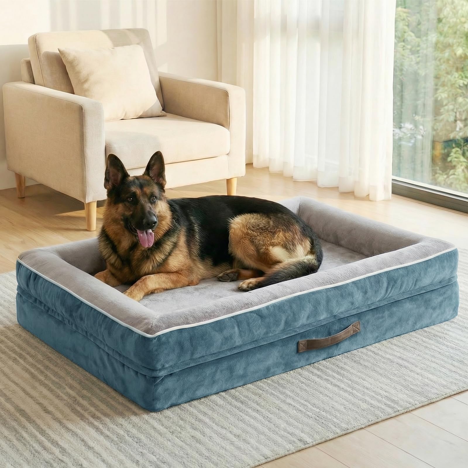 Renvix XXL Orthopedic Dog Bed, Waterproof Dog Sofa Bed with Removable Washable Cover, Soft Egg Foam Pet Bed, Non-Slip Bottom and Four-Sided Bolster Cushion（Blue, 137x91x19cm）