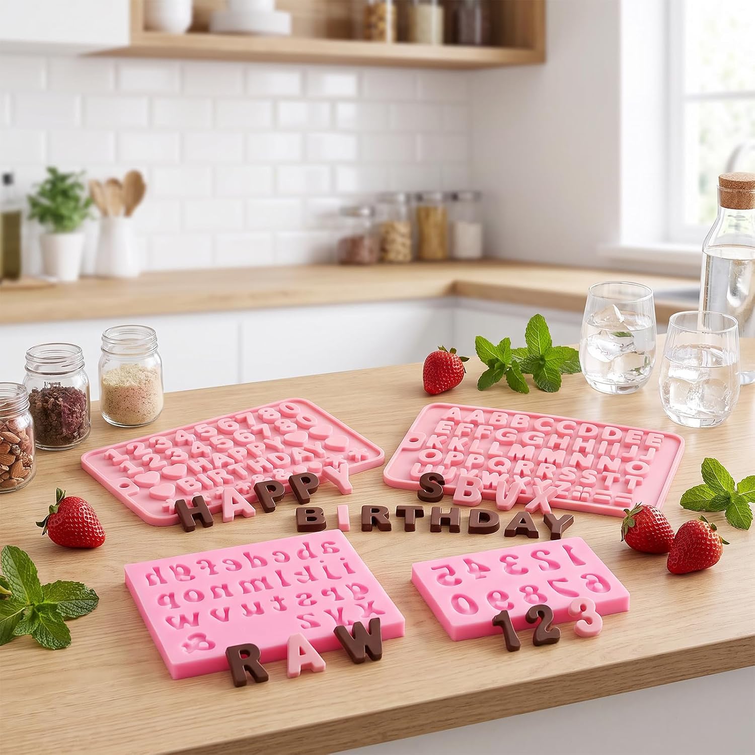 4Pcs Silicone Letter Number Fondant Molds for Decorating, Features Upper & Lowercase Letters, Numbers And Hearts. Easy Reusable Silicone Molds For Chocolate, Candy & Cake Decor.