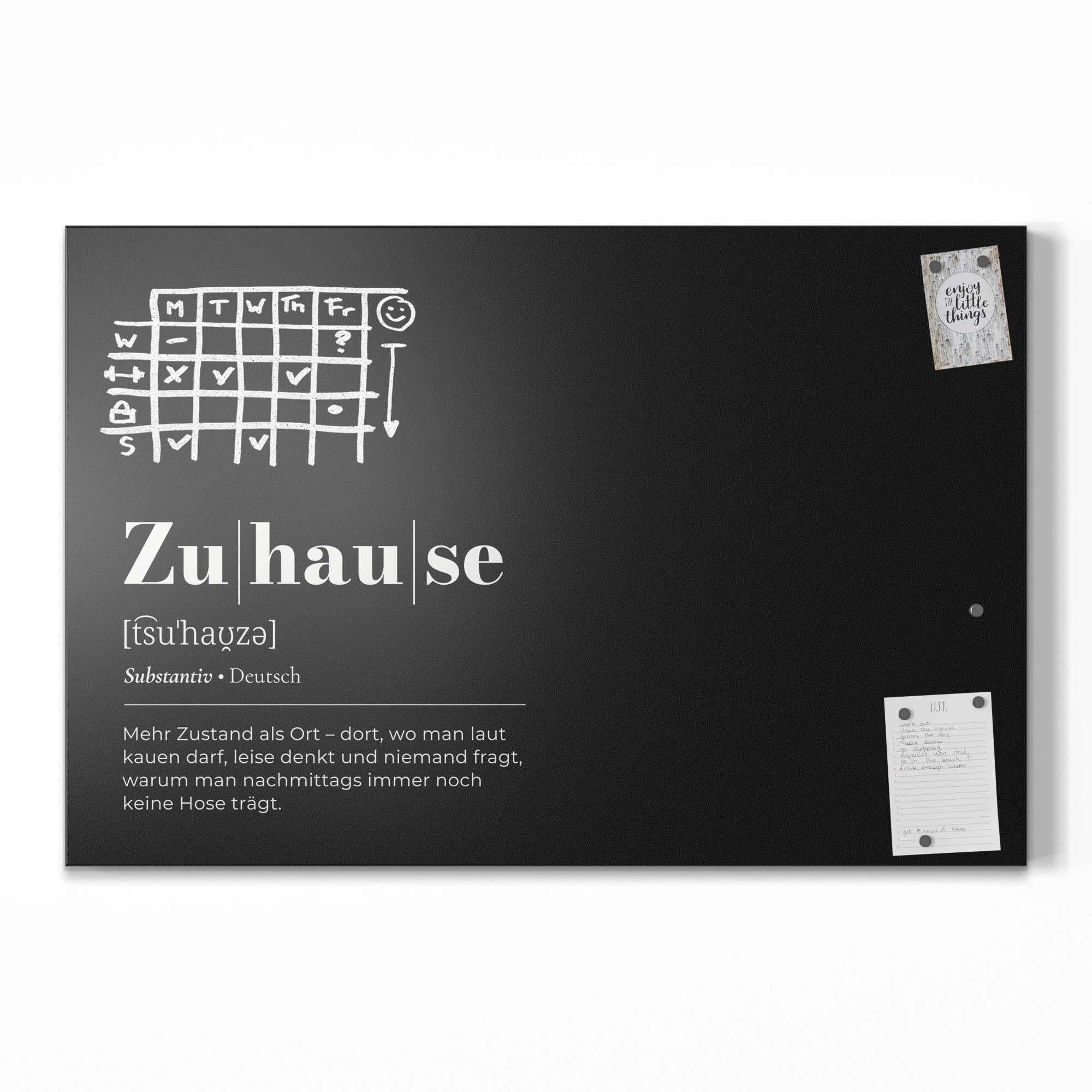 DEQORI Lavagna magnetica con stampa UV, motivo "casa – definizione", design rettangolare, 90 x 60 cm, lavagna metallica scrivibile, decorazione da parete per cucina, corridoio, cameretta dei bambini e