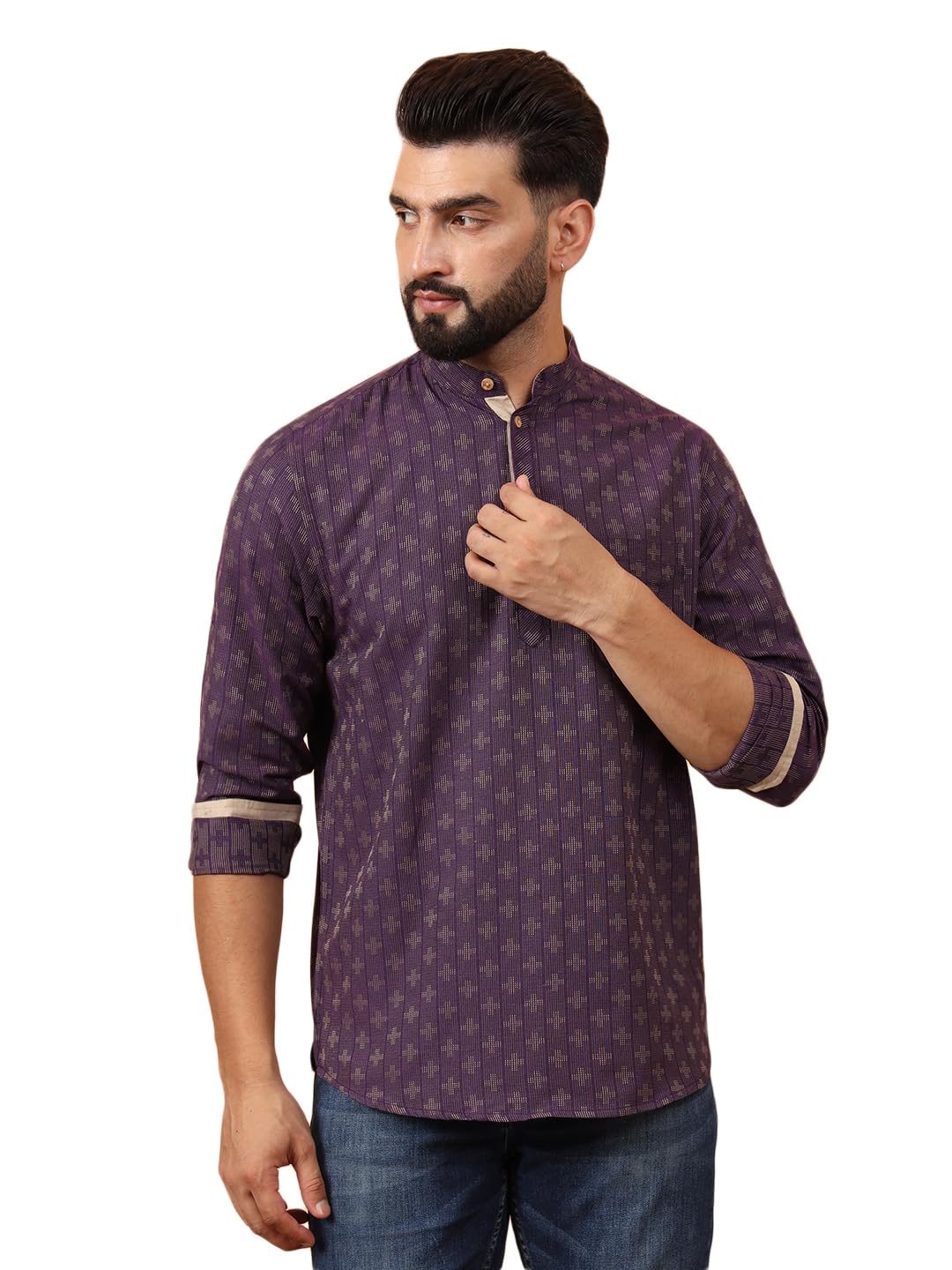 latest chikan Men's Cotton Regular Self Design Short Kurta Full Sleeves - Casual Ethnic Wear-picture-38