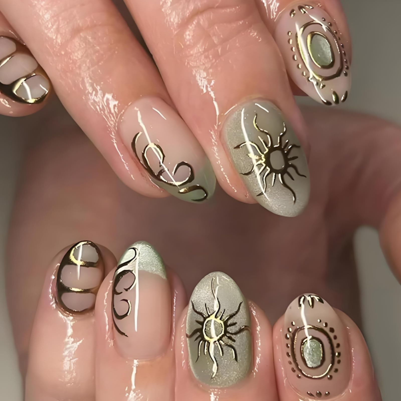 Short Oval Press On Nails, Green French Tip with Sun Pattern and Glitter Shine