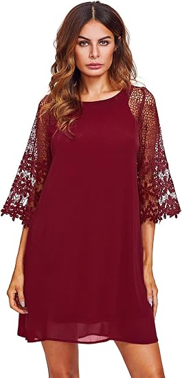 MAKEMECHIC Women's Casual Crewneck Half Sleeve Summer Chiffon Tunic Dress Burgundy XL: Buy Online at Best Price in UAE
