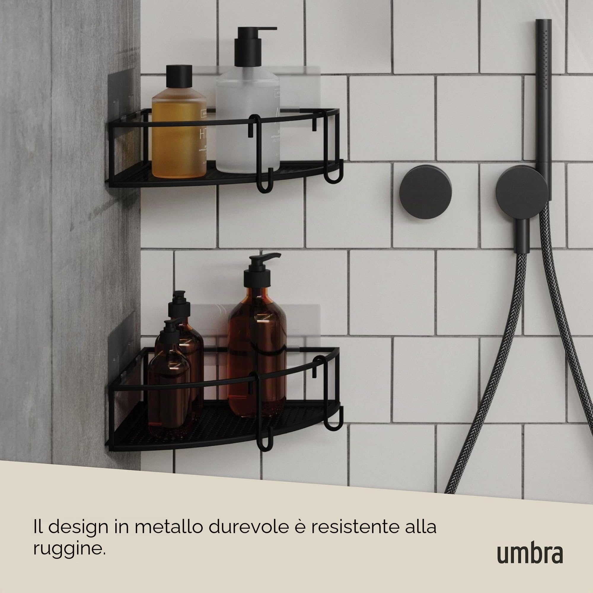 Umbra Cubiko Mensola angolare per Doccia Senza Fori con Ganci, Metallo, Nero, Set of Two