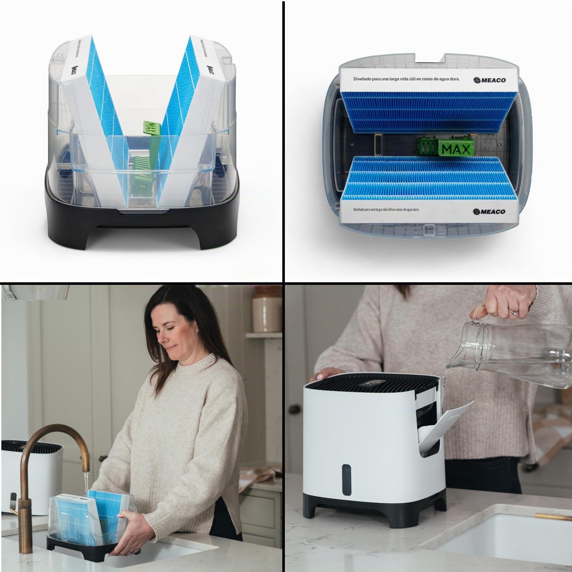 Meaco Armin Humidificador evaporativo de 300 ml, para habitaciones de hasta 44 m², depósito de 2,4 l, adecuado para agua blanda y dura, aire puro y óptimo humidificado, sin residuos blancos