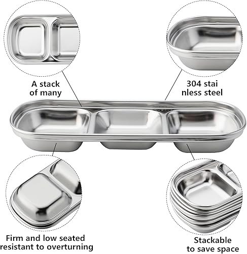 Miniatura 2 de 3 cuencos de acero inoxidable para salsa de soja, 3 rejillas divididas, platos de acompañamiento para salsa de soja, salsa de tomate, condimentos,