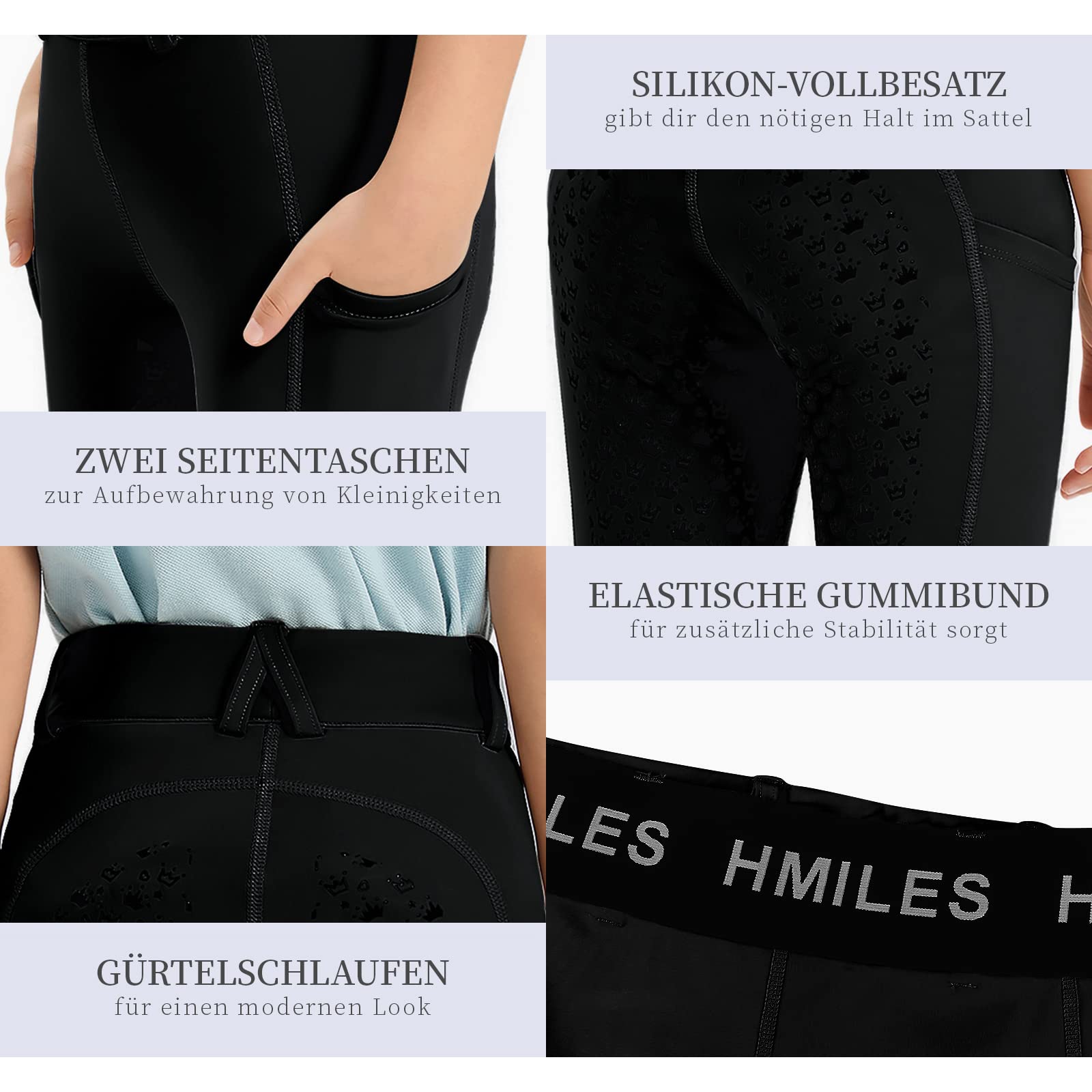 Leggings de equitación para niña con ribete completo de silicona, elásticos, para niños y niñas, con trabillas para cinturón, bolsillo lateral