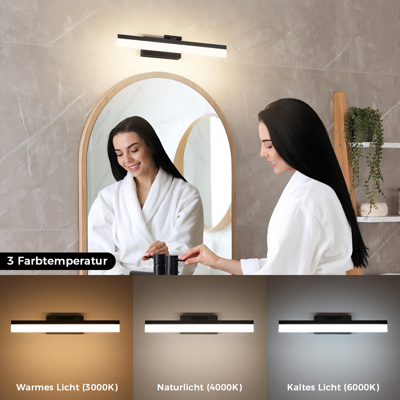 LED Spiegelleuchte Badezimmer 40.5cm, Dimmbare Badezimmer Wandleuchte IP20, 9W 510 Lumen Spiegelleuchte Lampe Badezimmer, Badezimmerleuchte Wand Aluminium, 3CCT, Schwarz [Energieklasse G]