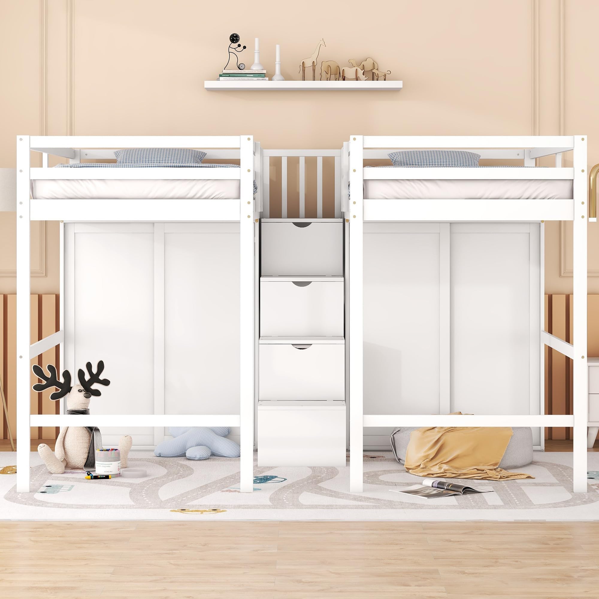 Double Twin Loft Beds with Storage Staircase and Wardrobes, Multi-Function Solid Wood Loft Beds Frame with Safety Guardrail for Kids Teens Adults, Maximize Space (White-DB)
