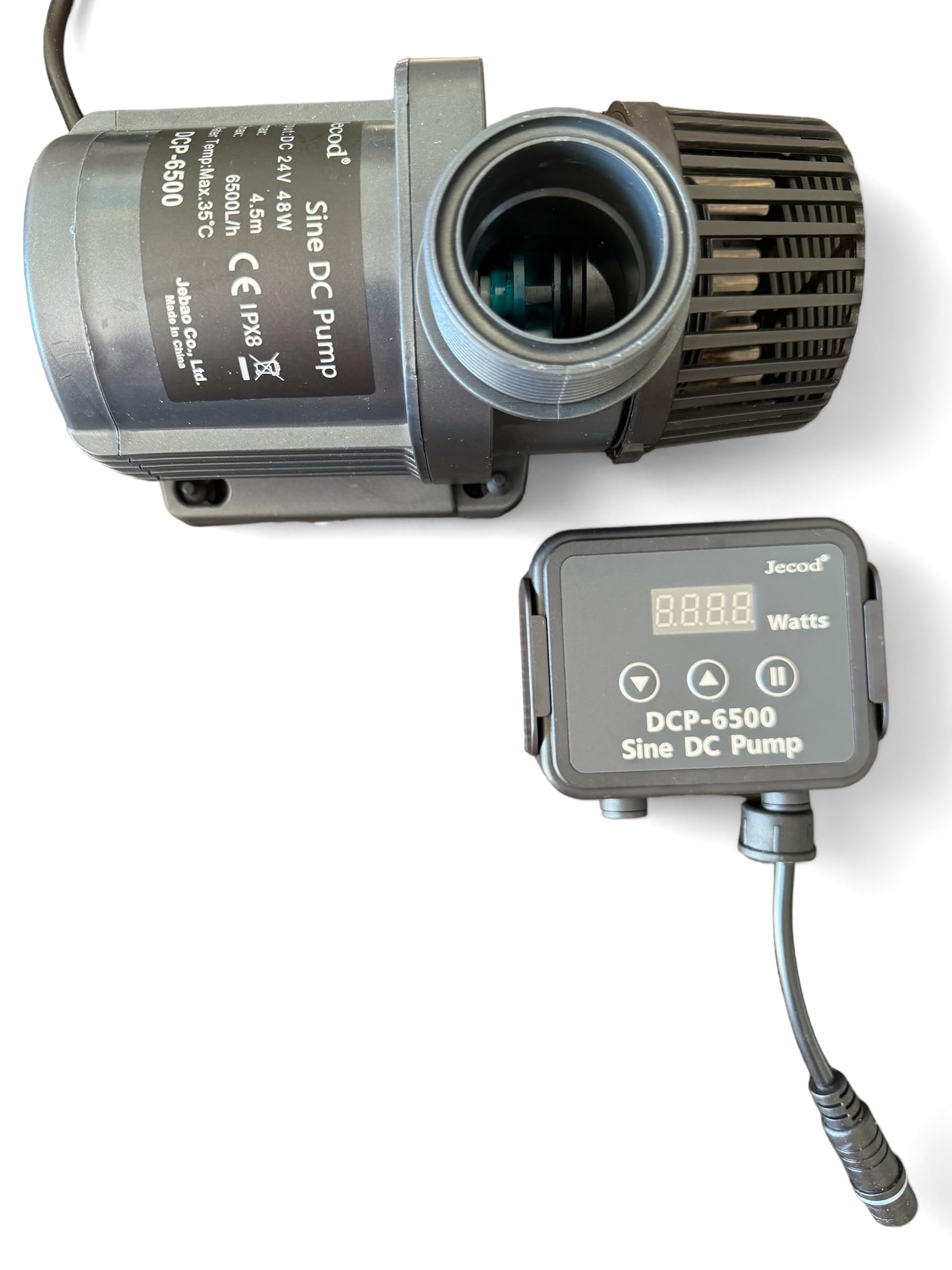 Bomba de circulación Jebao DCP-6500 – 6500 L/h, 24 V 40 W, controlador digital, función Feed, silenciosa para acuario y estanque agua dulce/salada