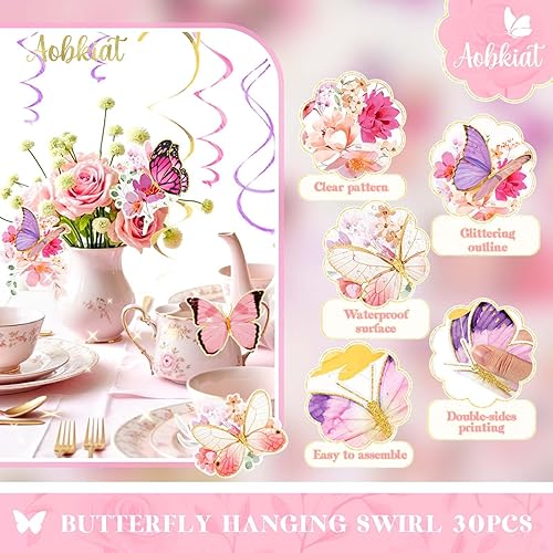 Miniatura 7 de AOBKIAT Decoraciones de cumpleaños de mariposa para bebé, 30 piezas de remolinos colgantes con purpurina real para baby shower, boda, decoración de