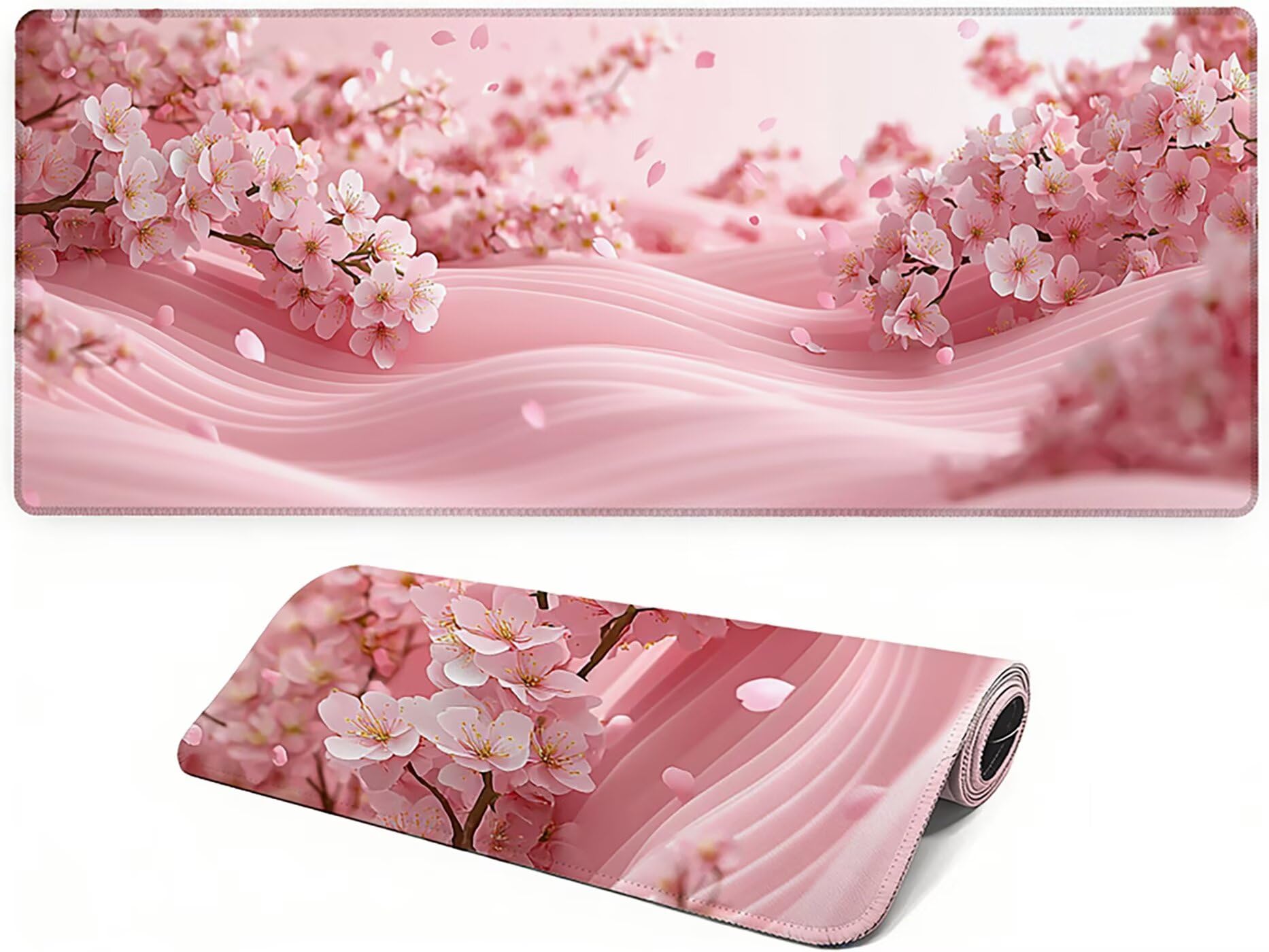 Lpfieonn Kirschblüten Großes Schreibtischunterlage, XXL Schreibtischunterlagen, Rosa XXL Wasserdicht Gaming Mousepad mit Vernähter Rand und Rutschfeste Gummibasis, für Hause/Büro 120x60cm PF-2067