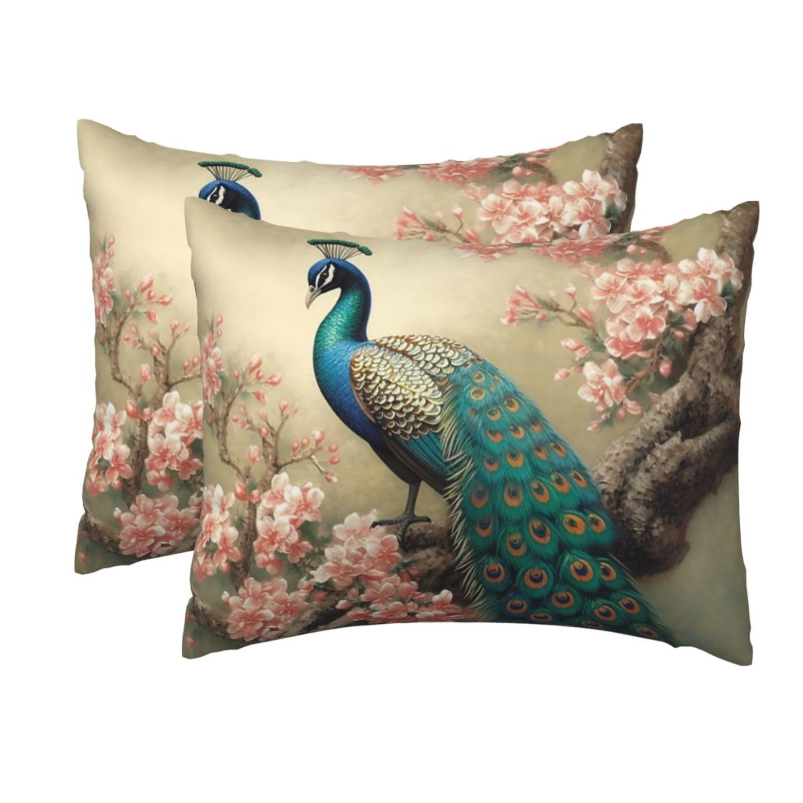 2 Pack Standard Size Pillow Cases for Hair and Skin Soft Breathable Pillow Case Covers with Hidden Zipper Oriental Peacock Pillowcase 20x26 Inches Pillow Cover for Sleeping Gift