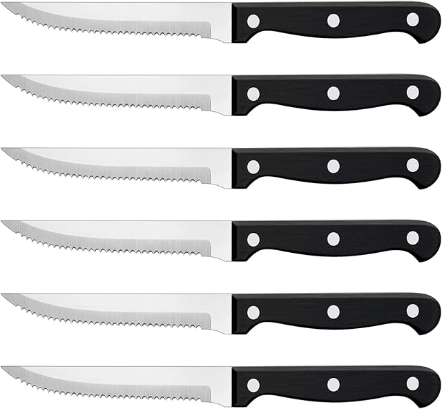 Homikit Steak Knives, Stainless Steel Serrated Kitchen Knife Set of 6, Utility Table Dinner Knife Cutlery Sets for Steak Bread Tomato Meat, Sharp & Classy Design, Dishwasher Safe