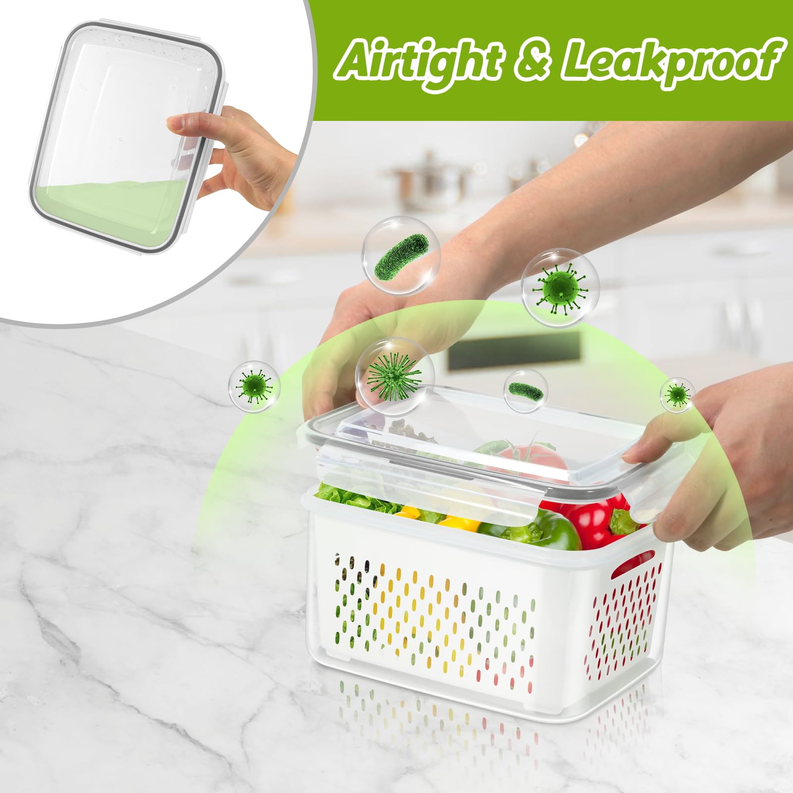 Pojemnik do przechowywania jagód z pokrywkami z sitkiem, plastikowy pojemnik na świeże produkty, do warzyw, owoców, mięsa, sałaty, bez BPA, organizacja lodówek kuchennych (3,15 l + 1,7 l + 0,8 l