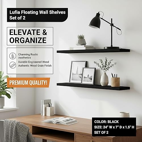 Miniatura 4 de Lufia Estantes flotantes de pared, juego de 2, MDF con soportes invisibles, almacenamiento moderno para dormitorio, baño, sala de estar, cocina